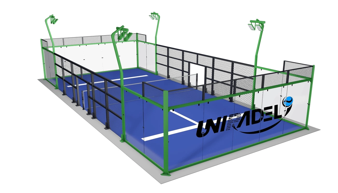 Terrain de padel panoramique : lumières en forme de Z