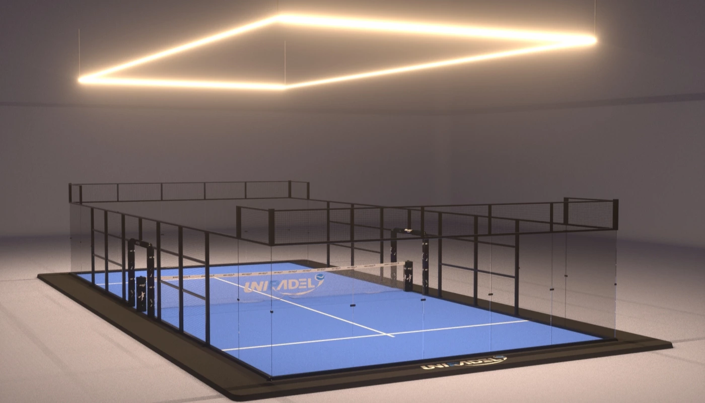 Terrain de padel intérieur avec éclairage linéaire