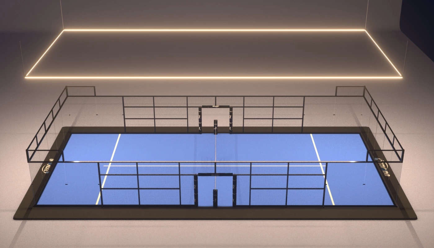 Terrain de padel intérieur avec éclairage linéaire