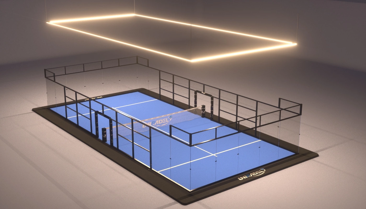 Terrain de padel intérieur avec éclairage linéaire